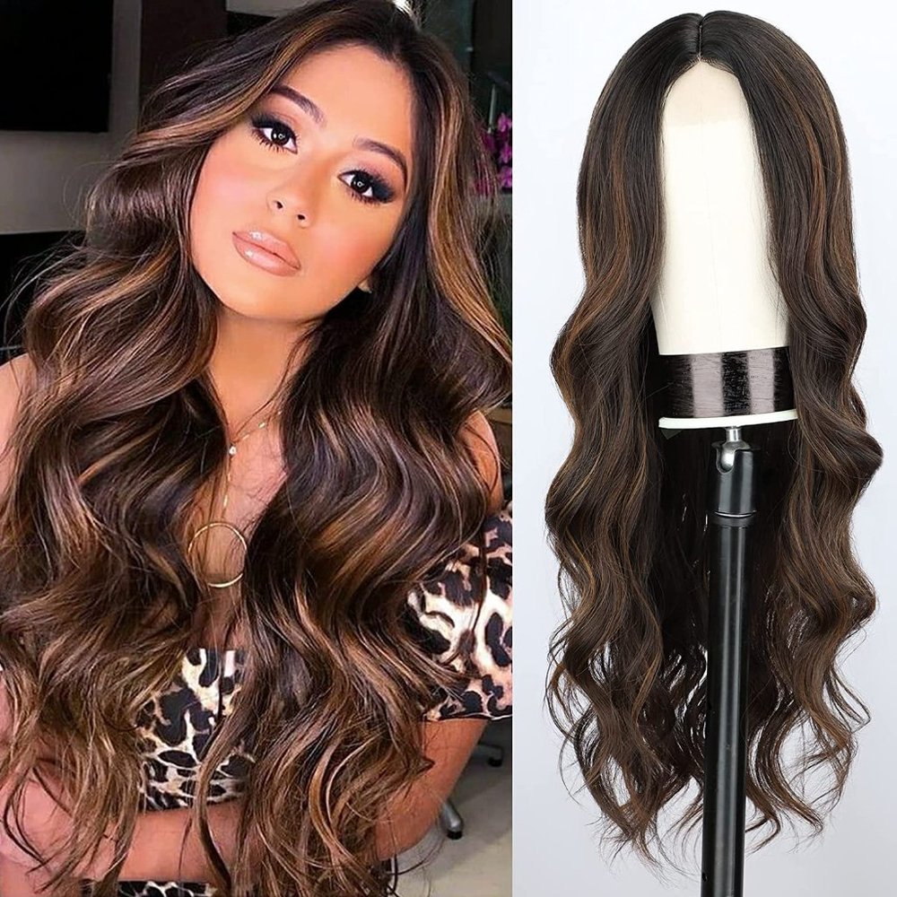 28 Inch Wavy Ombre Brown Middle Part Wig
